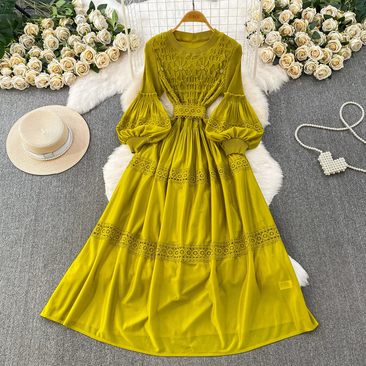 Lace Patchwork Lantern Sleeve Maxi Dress