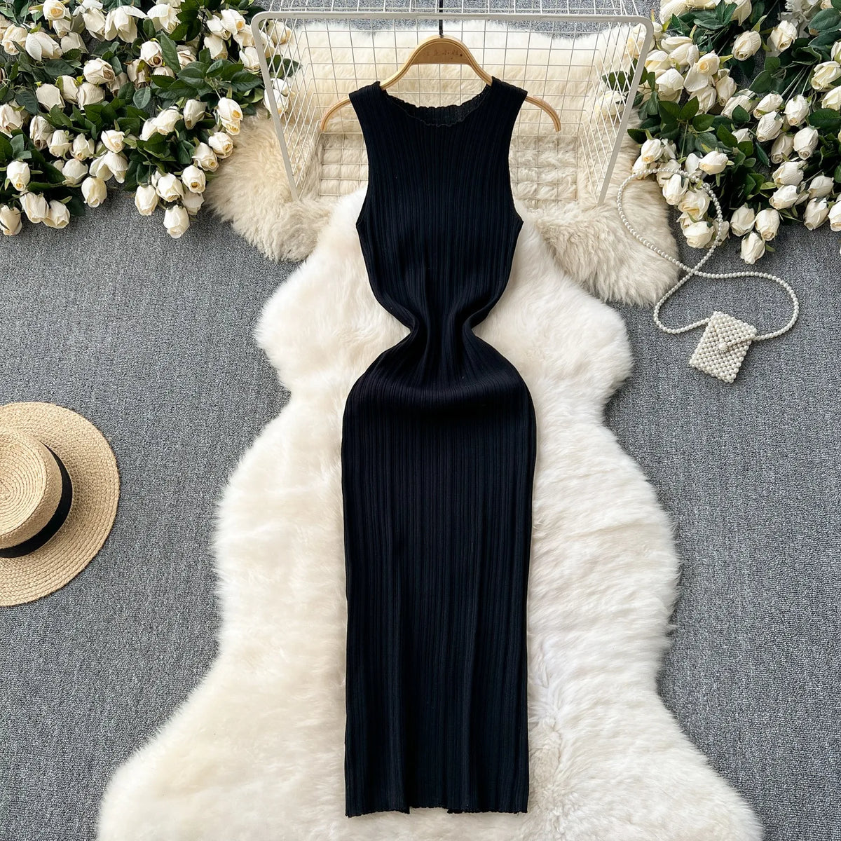 Ribbed Sleeveless Knit Maxi Tank Dress