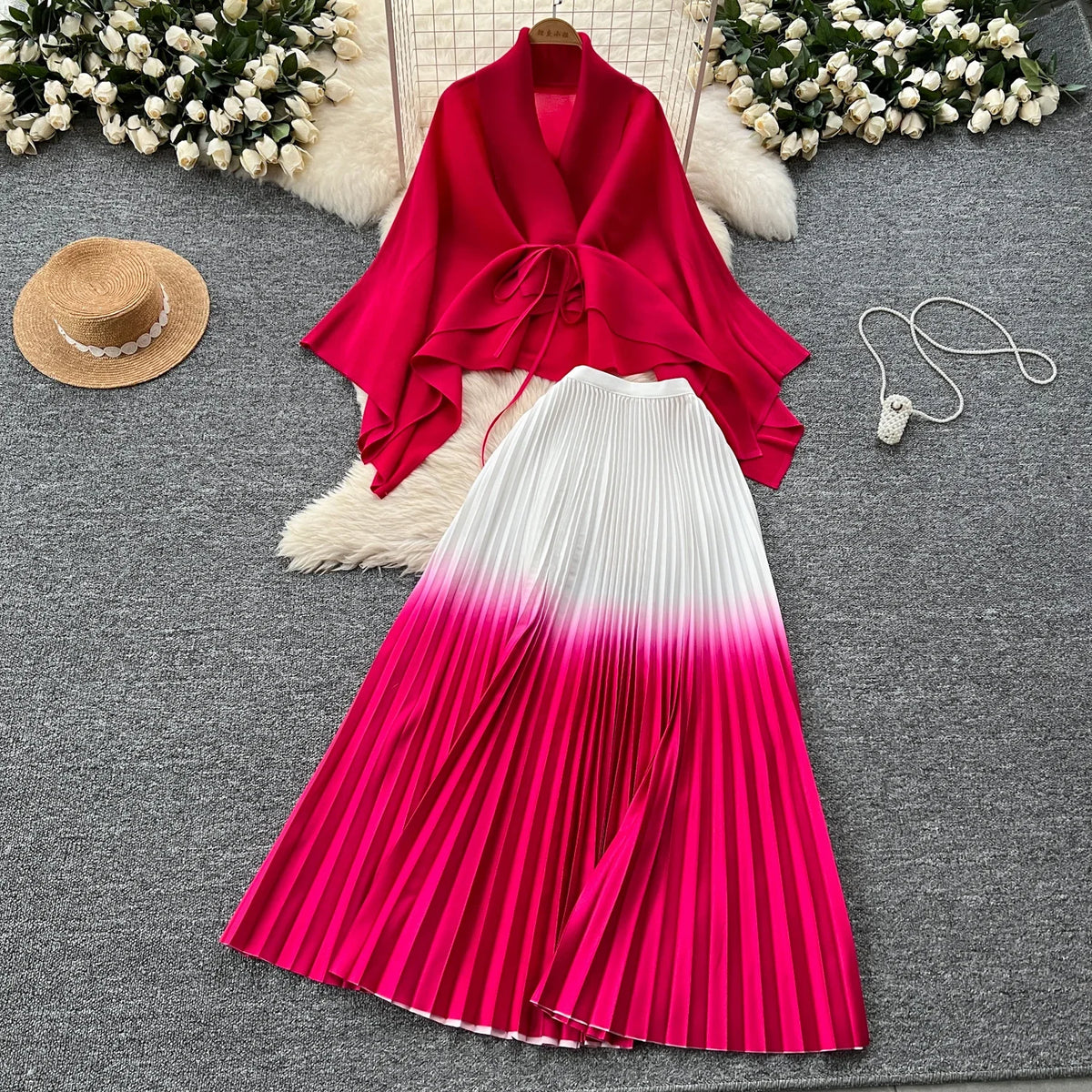 Gradient Bandage Top and Pleated Skirt Set
