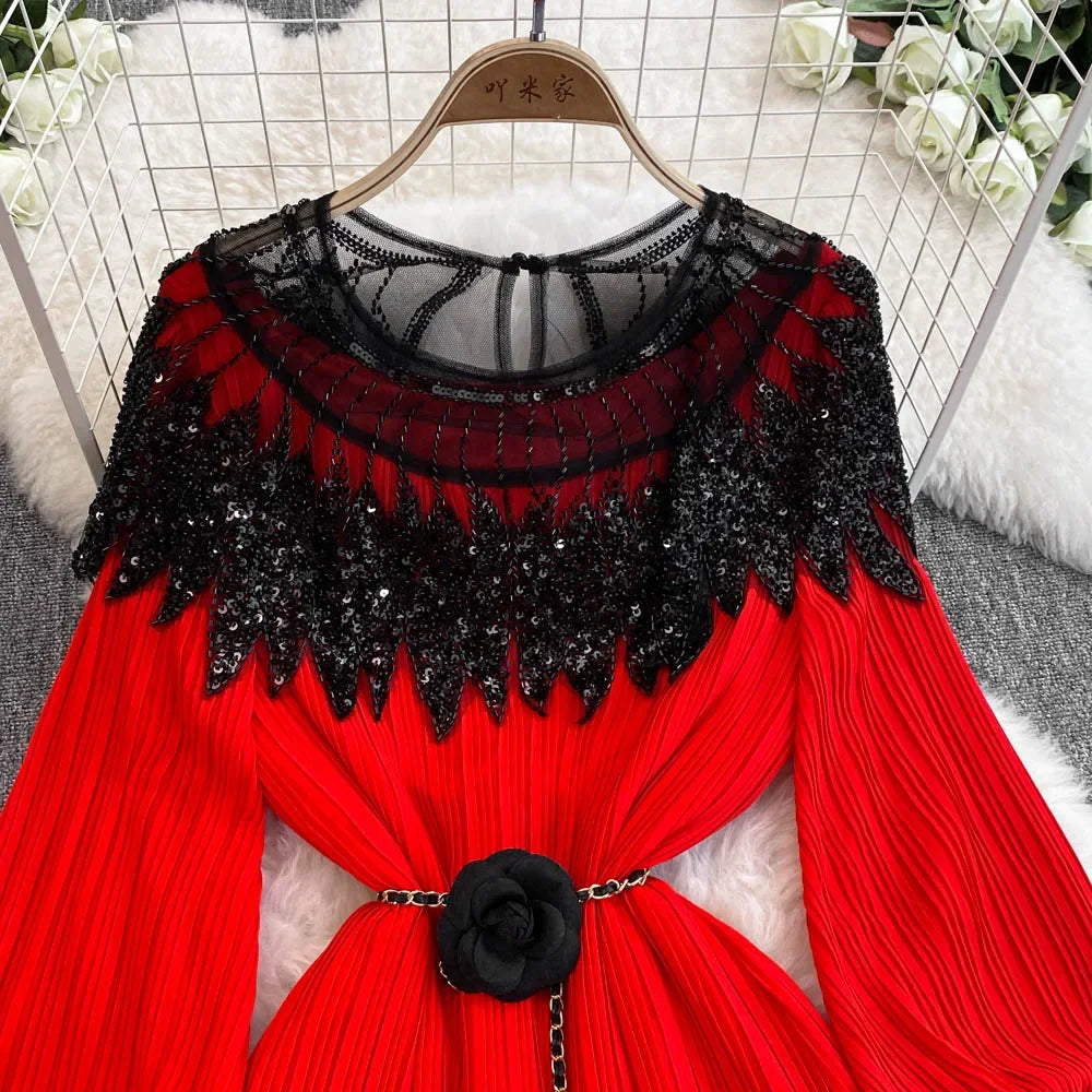 Rhinestone Lace-Up Lantern Sleeve Dress