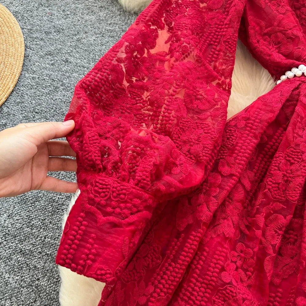Lace Single Breasted O-Neck Dress