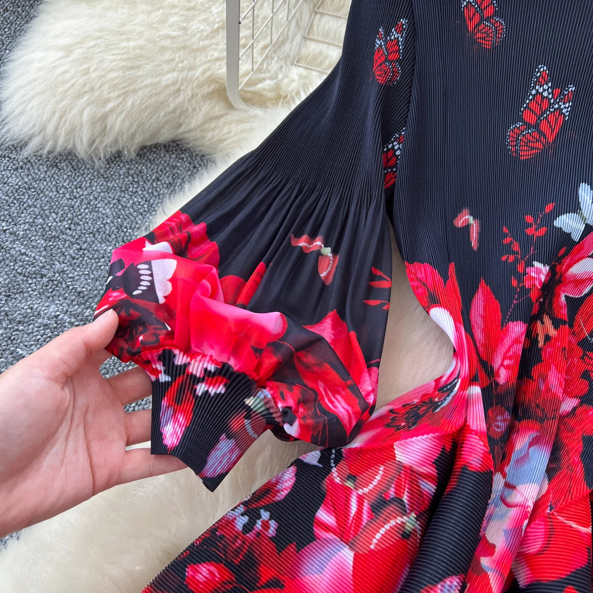 Print Lantern Sleeve High Waist A-Line Dress