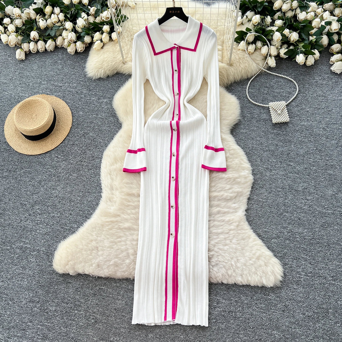 Single Breasted Polo Collar Long Sleeve Dress