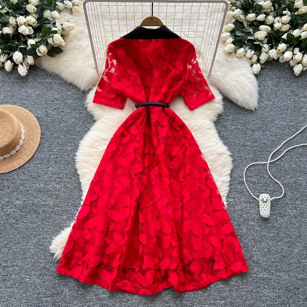 Lace Patchwork Short Sleeve Maxi Dress