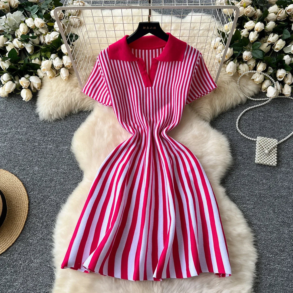 Striped Knit Collared A-Line Dress