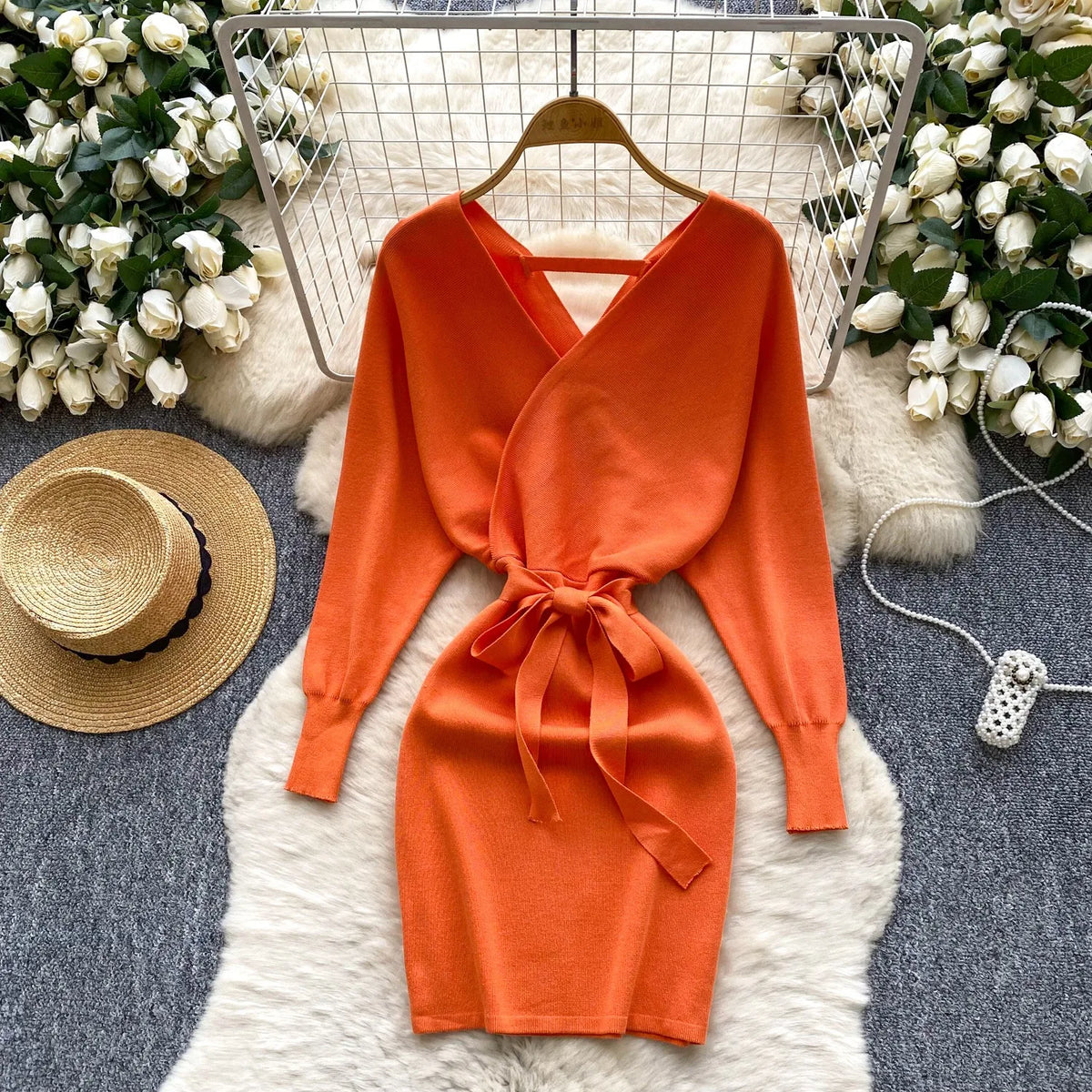 V-Neck Knit Wrap Mini Dress