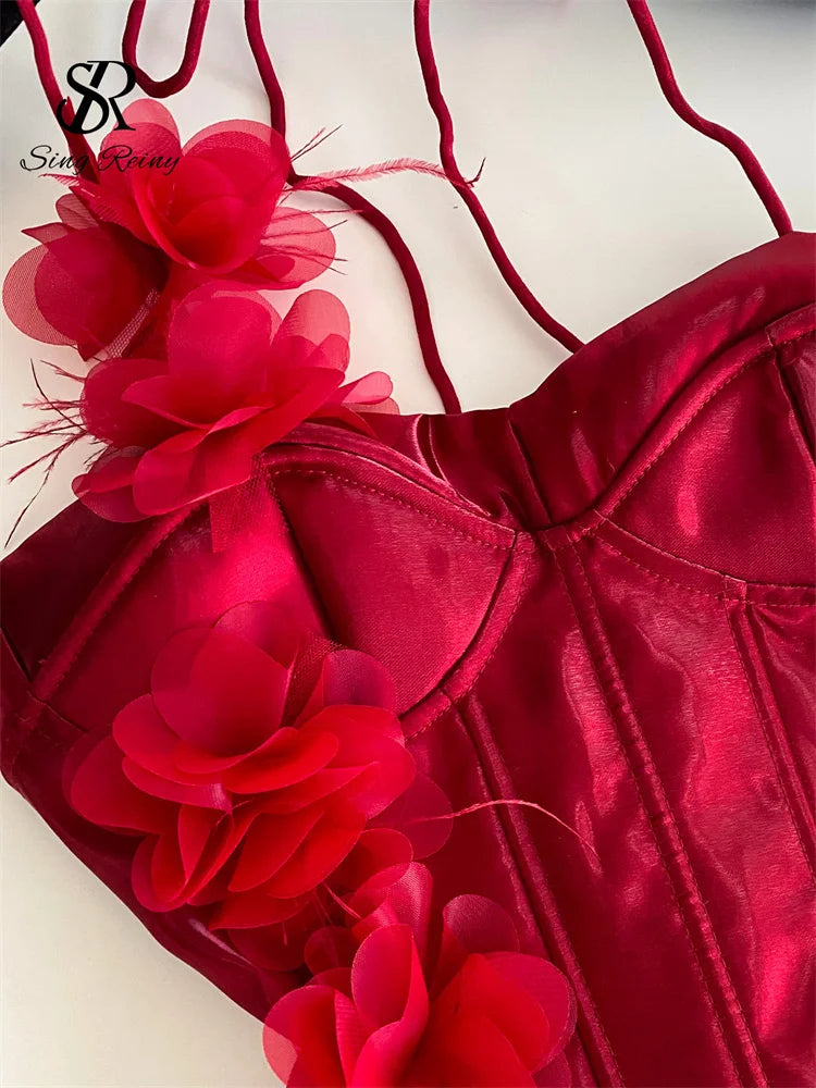 Red Satin 3D Floral Corset Top