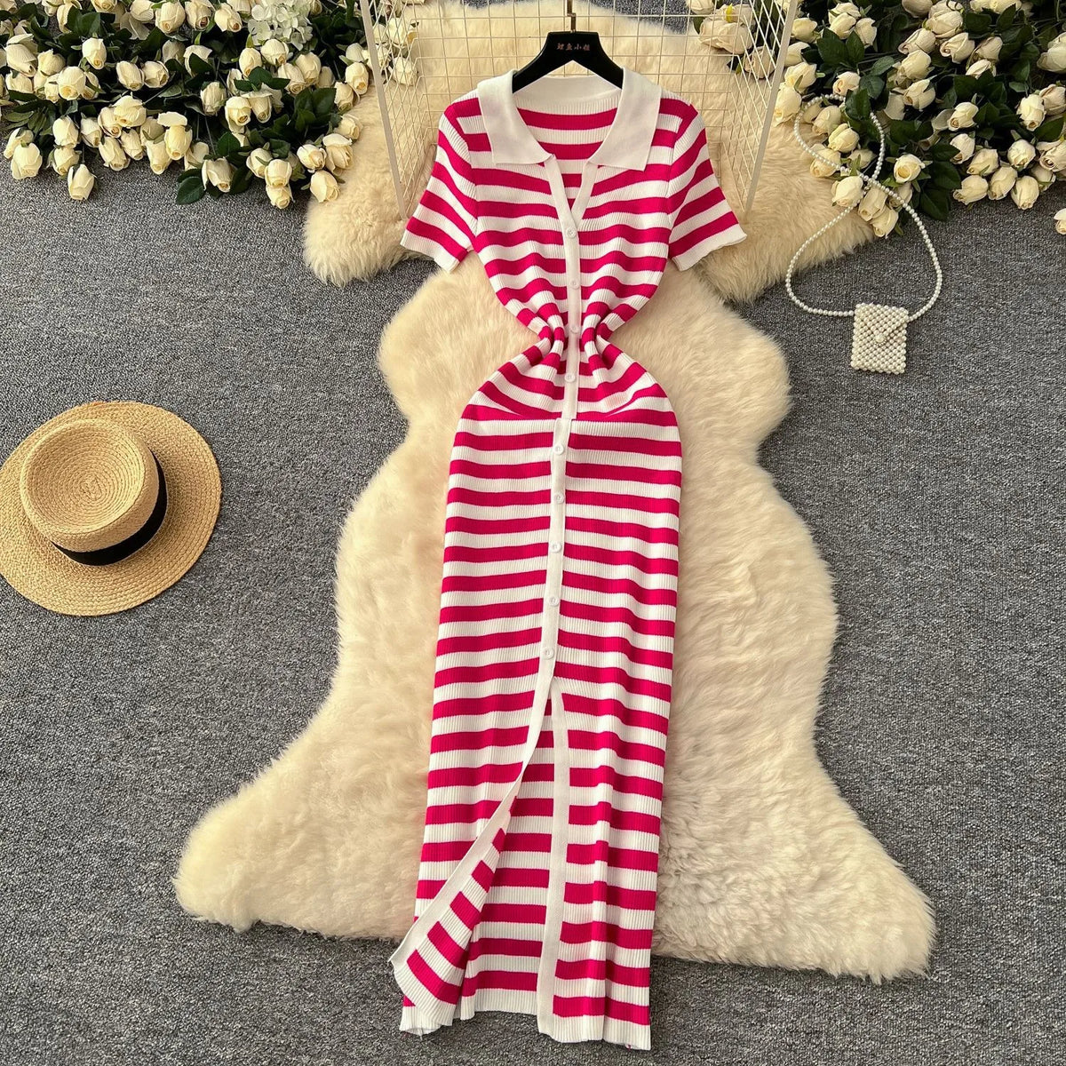 Striped Short Sleeve Knit Maxi Dress