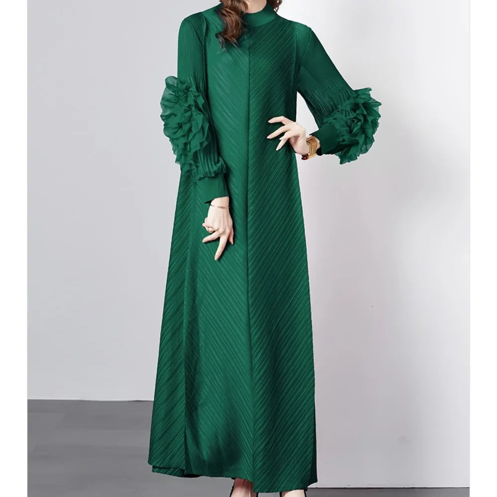 Pleated 3D Flower Loose Long Dress