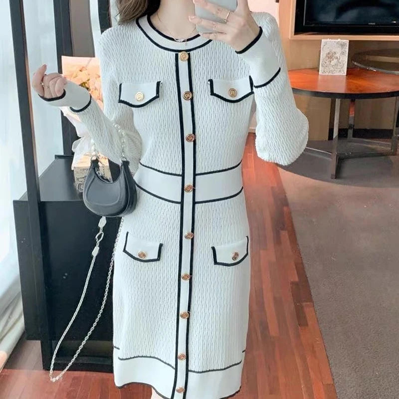 Crew Neck Button Knit Bodycon Dress