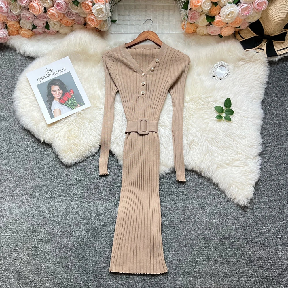 Belted Button V-Neck Knit Maxi Dress