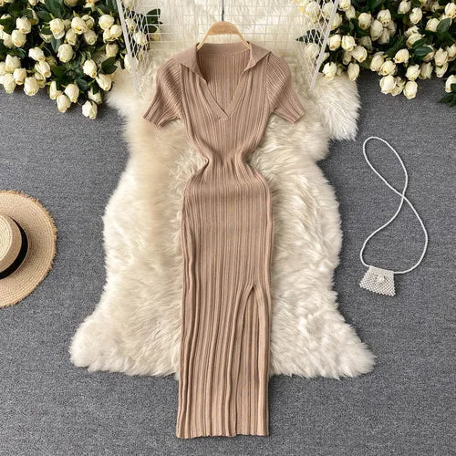 Striped Knit Collared Wrap Bodycon Dress