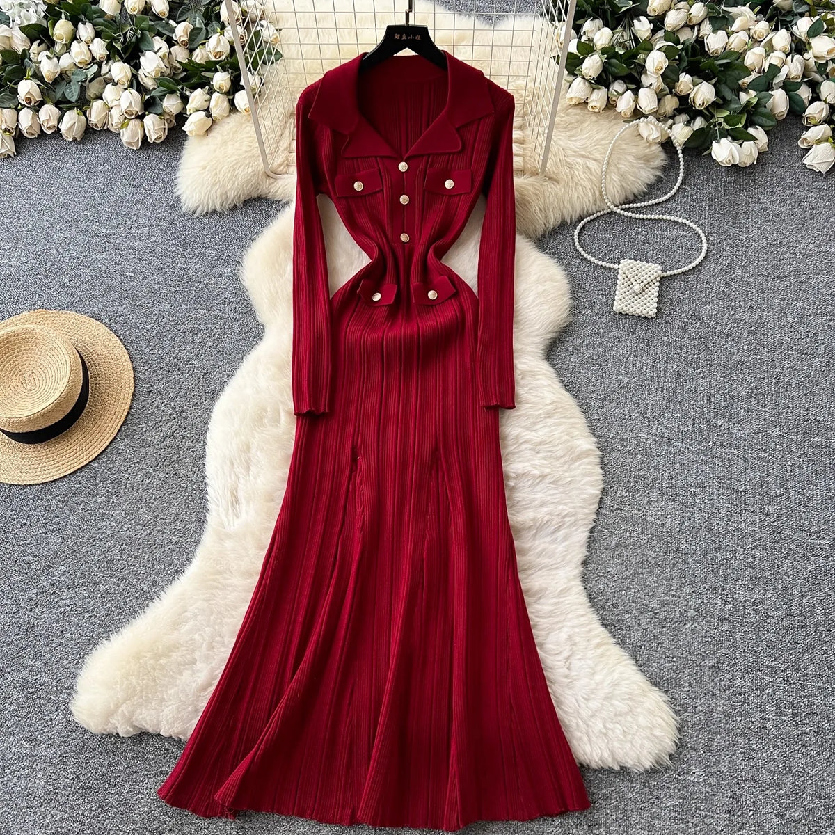 Collared Button Knit Office Sweater Dress