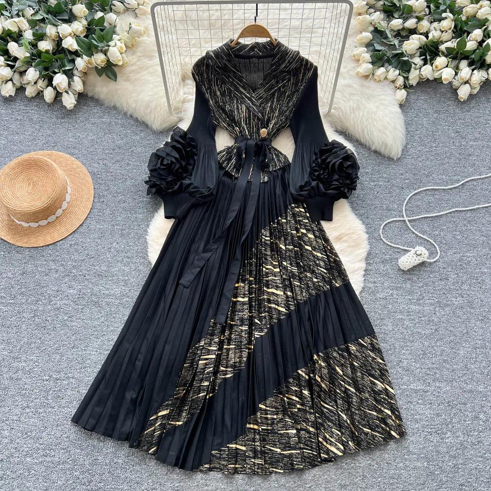 3D Floral Ruched Long Sleeve A-Line Dress