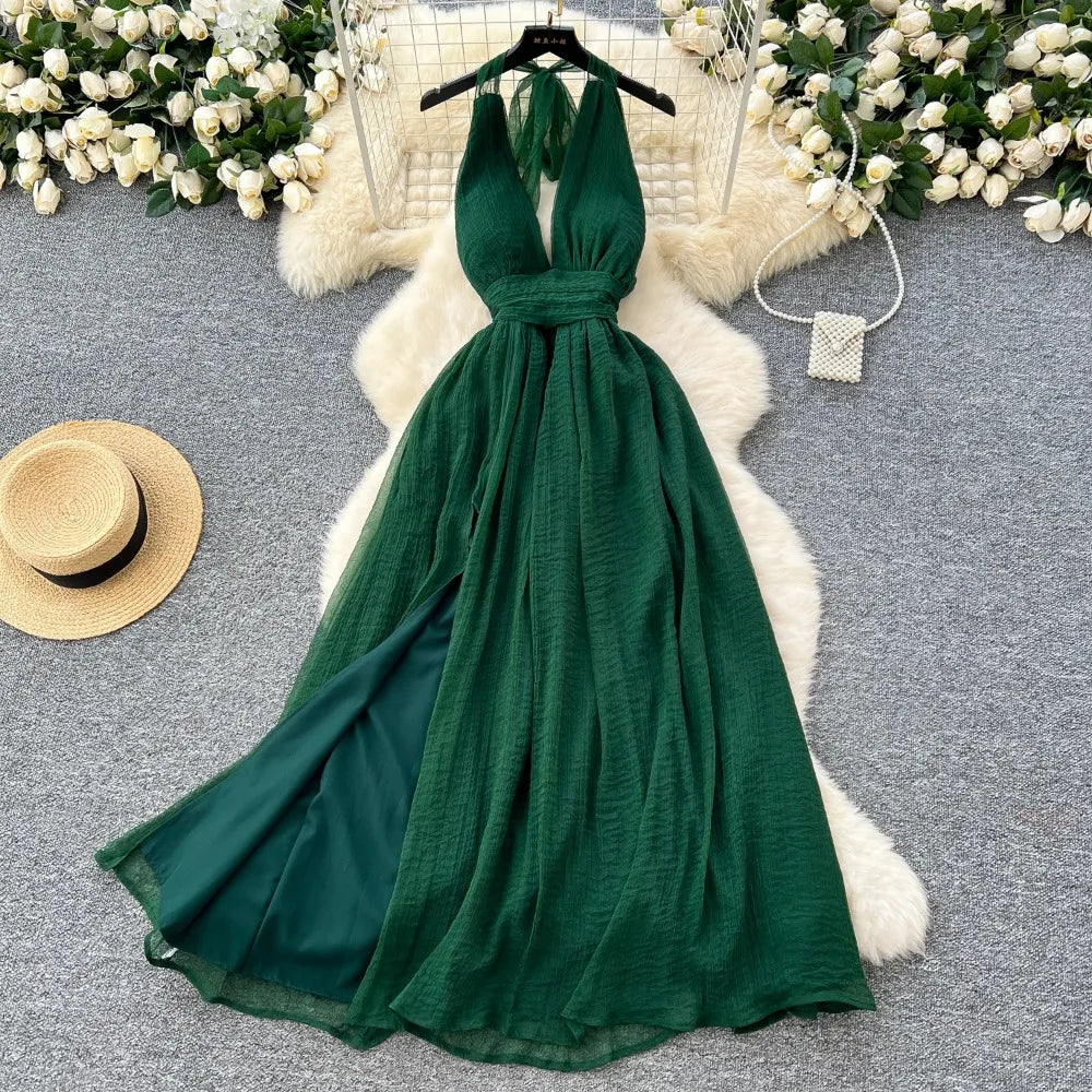 Halter Deep V-Neck Backless Long Dress