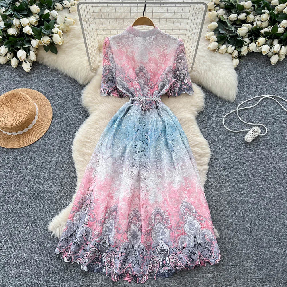 Lace Print Short Sleeve Party Dress