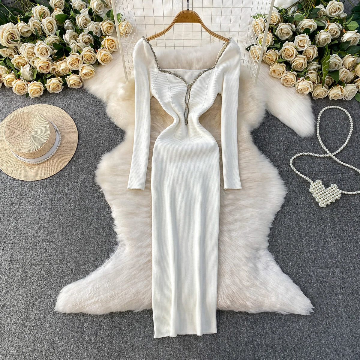 Square Neck Hollow Out Long Sleeve Dress