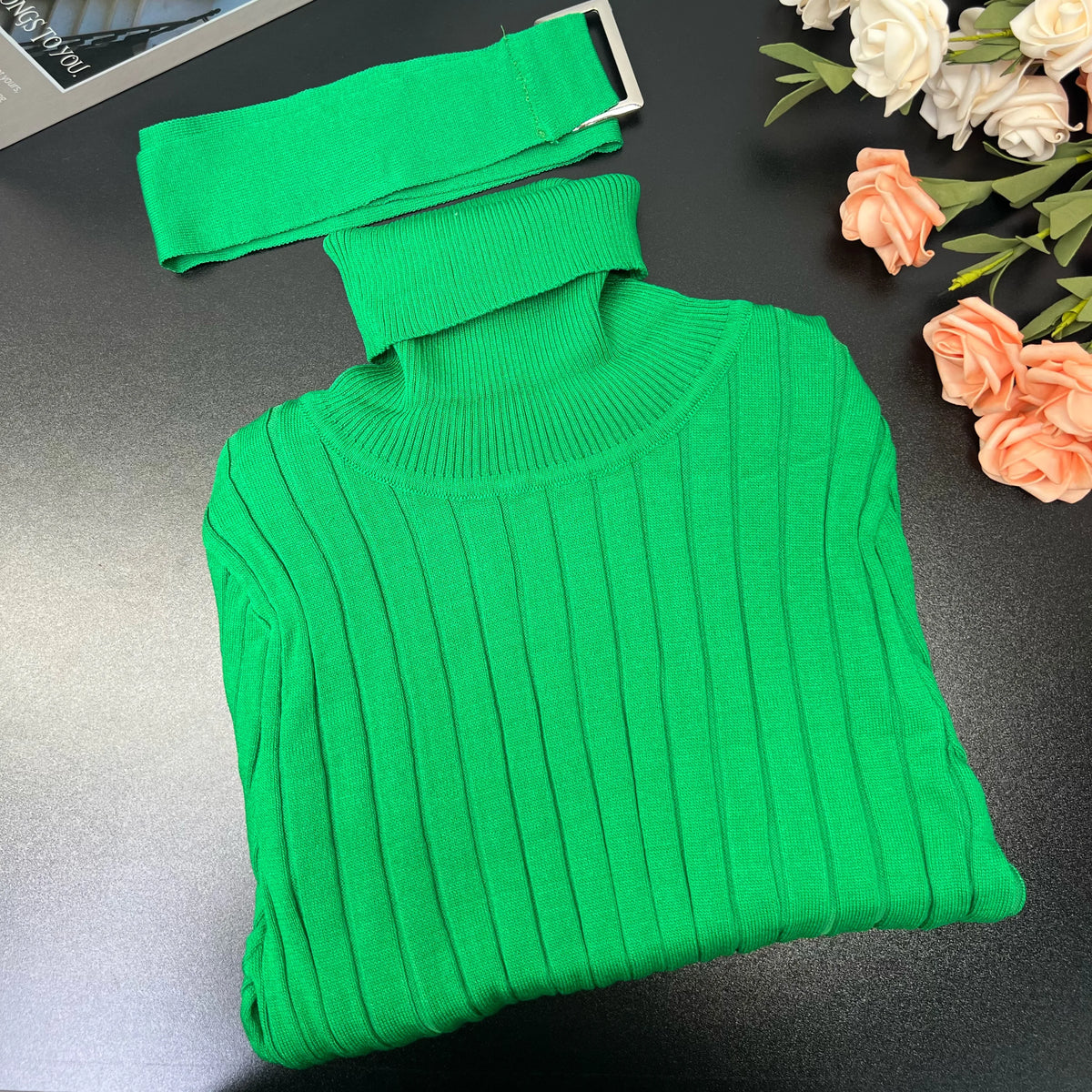 Turtleneck Belted Ribbed Sweater Dress