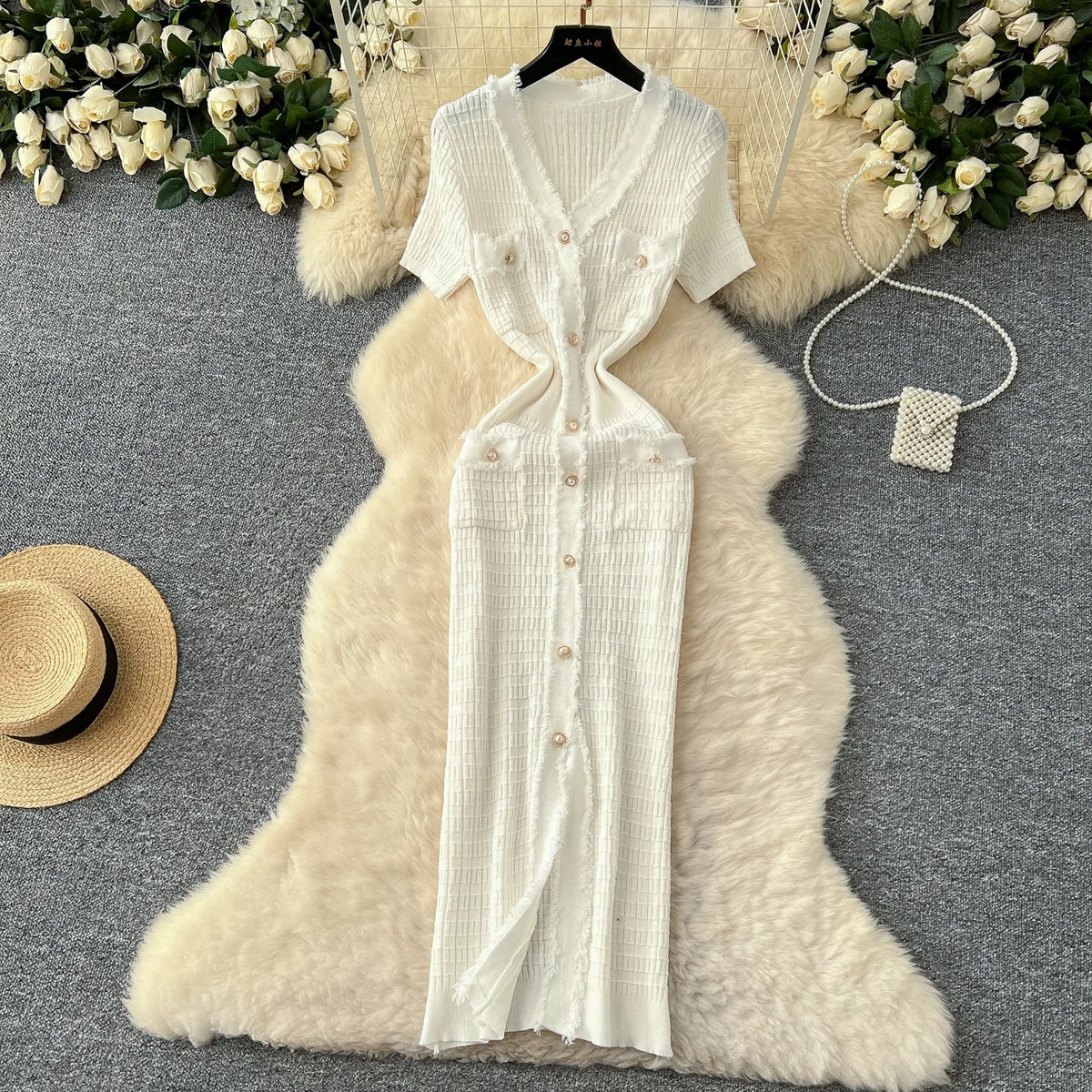V-Neck Button Slit Long Sweater Dress