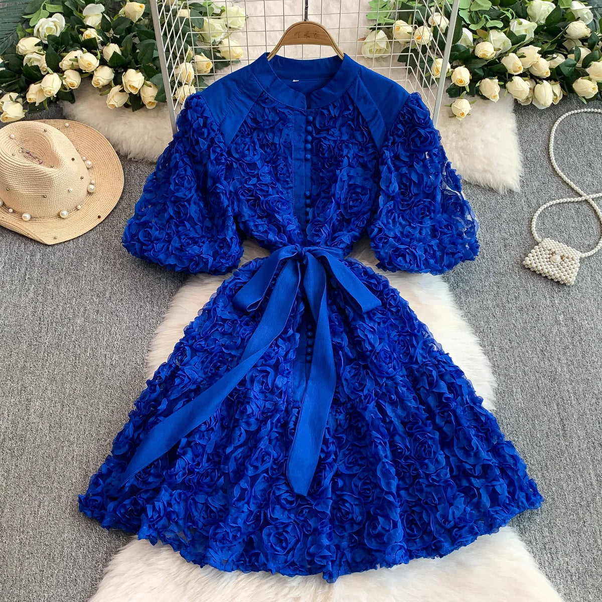 Puff Sleeve Lace-Up A-Line Dress