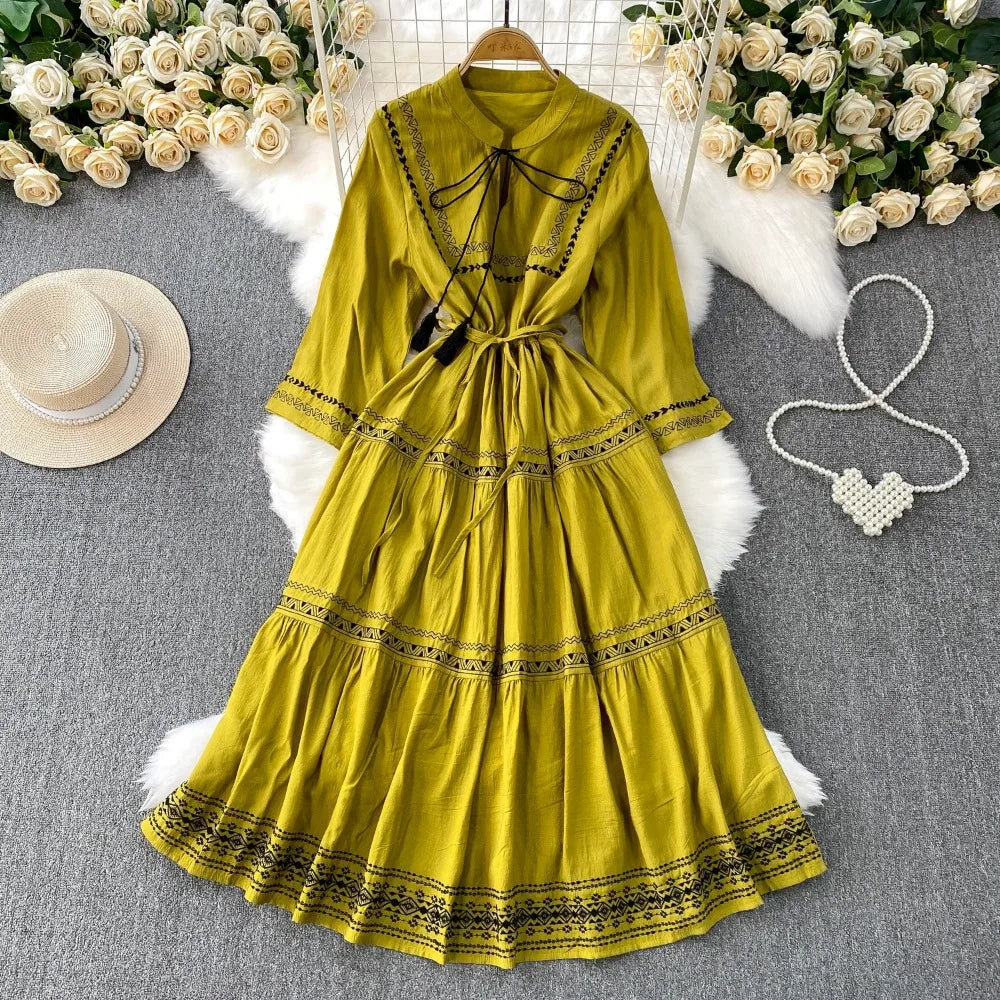 Embroidered Lace-Up A-Line Beach Dress