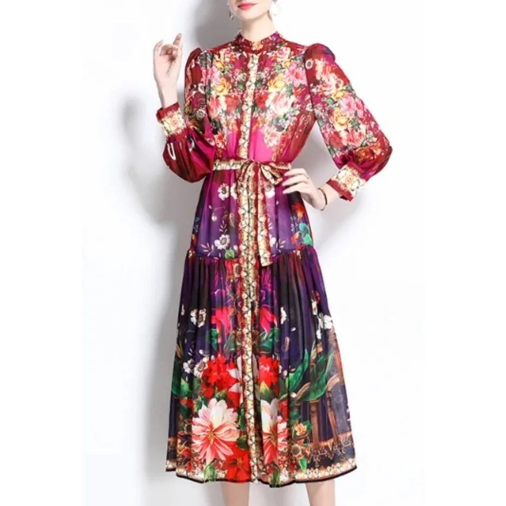 Ruched Chiffon Lantern Sleeve Evening Dress