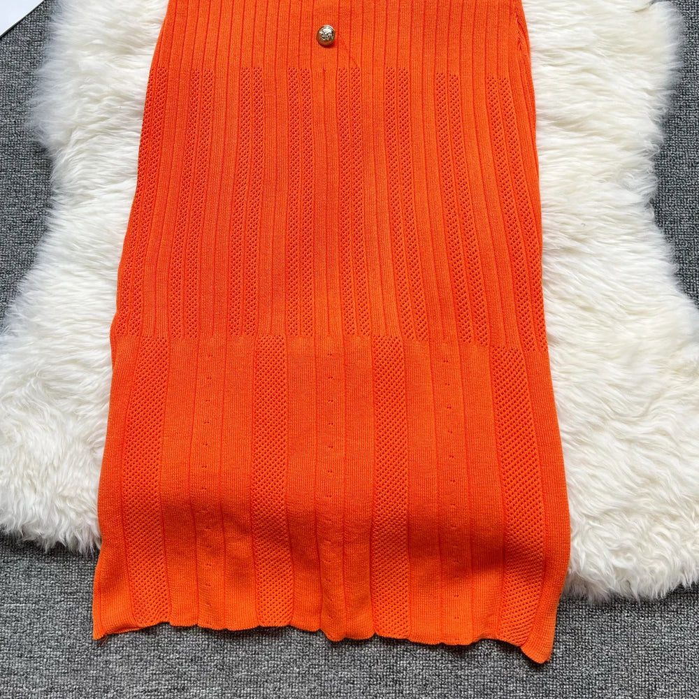 Button Front Knit Bodycon Maxi Dress