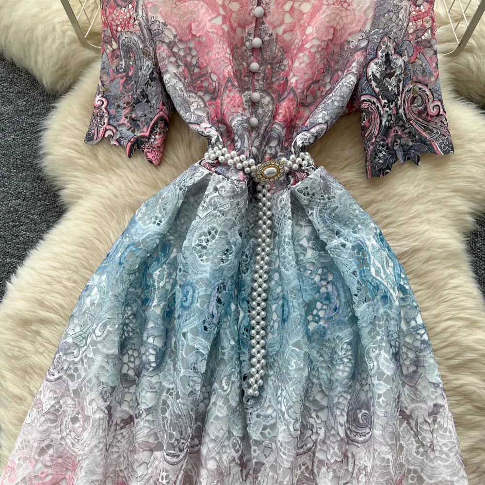 Lace Print Short Sleeve Party Dress