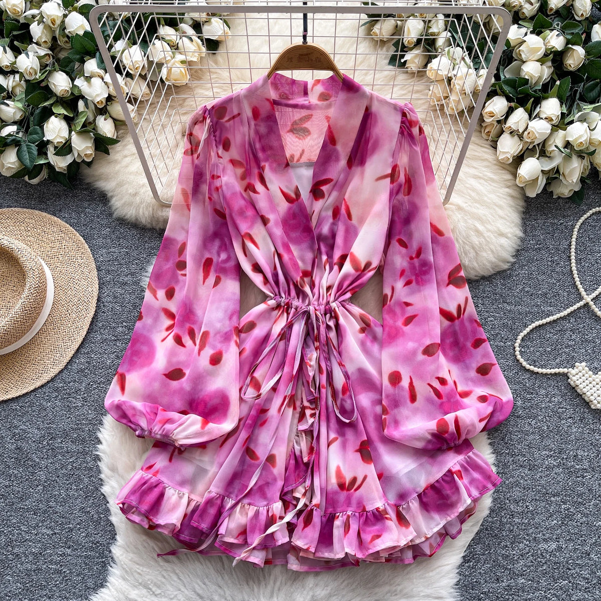 Boho Print Ruched V-Neck Mini Dress