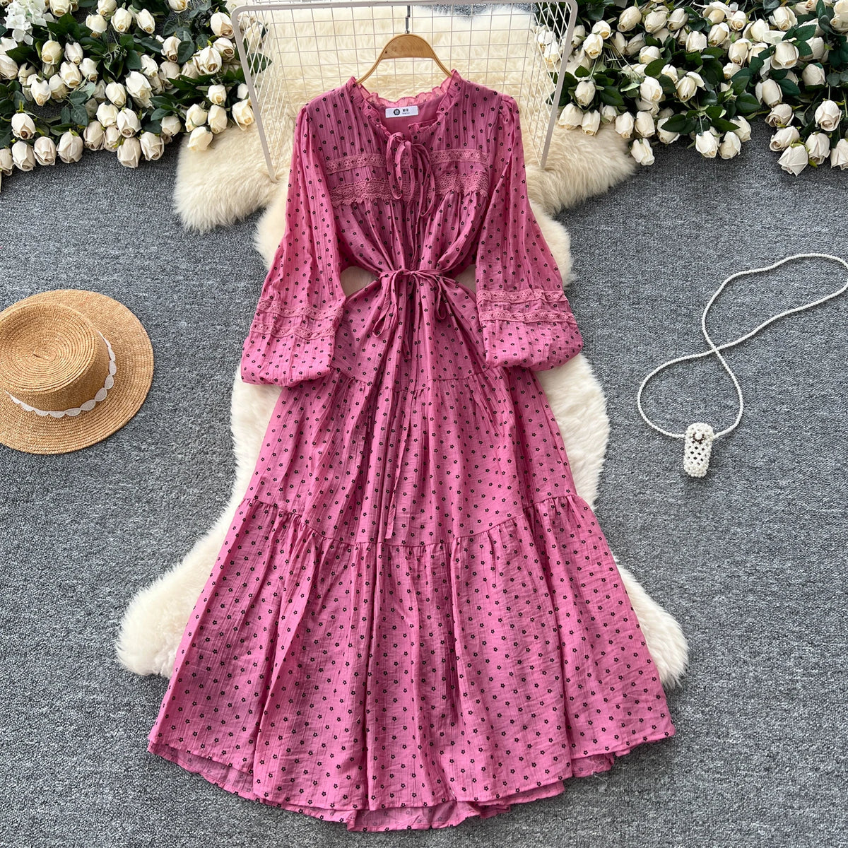 Boho Lace Lantern Sleeve Maxi Dress