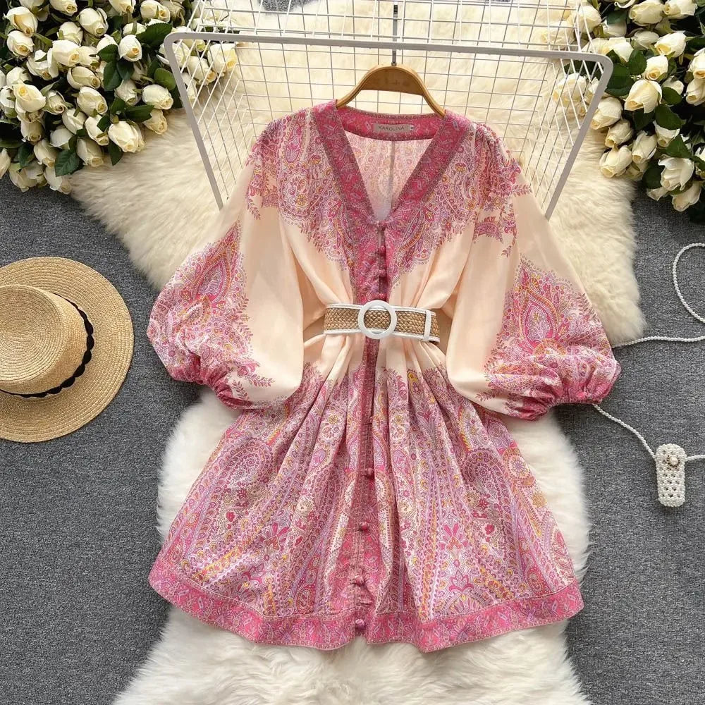 Vintage Print Lantern Sleeve A-Line Dress