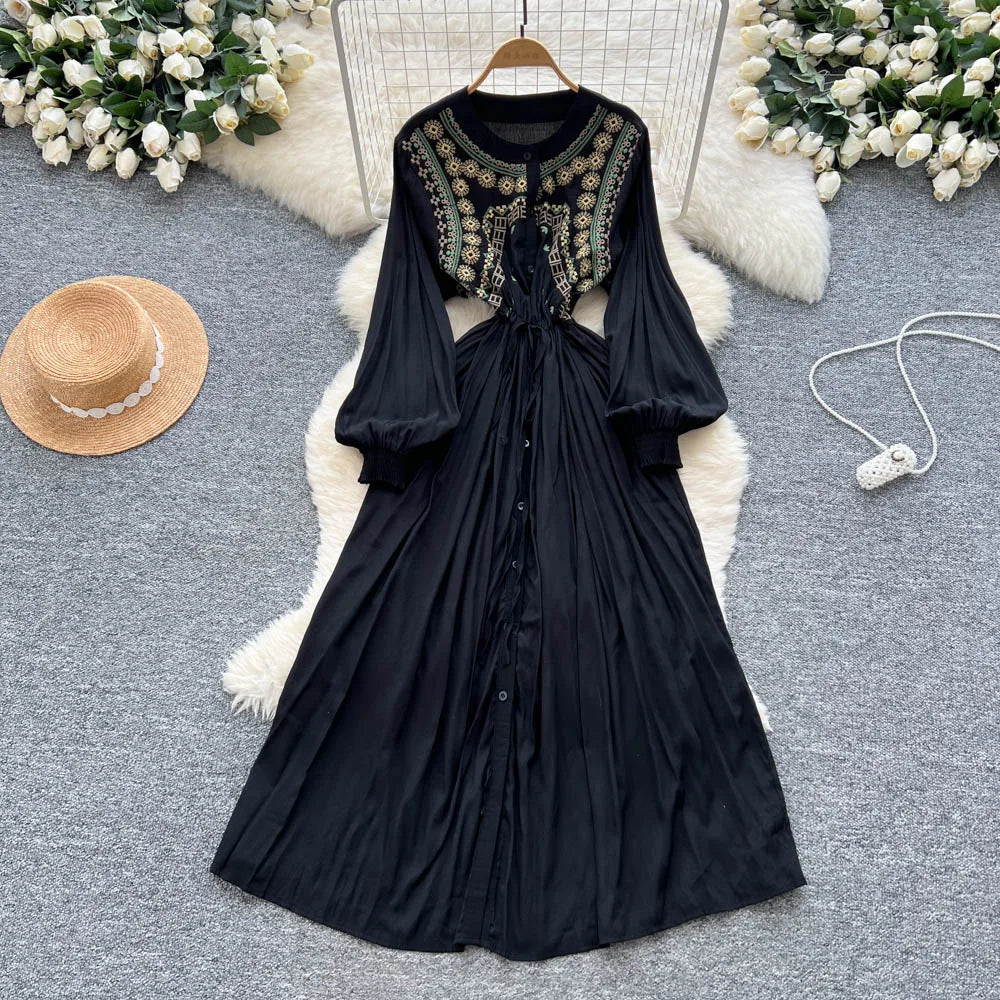Embroidered Print Lace-Up Maxi Dress