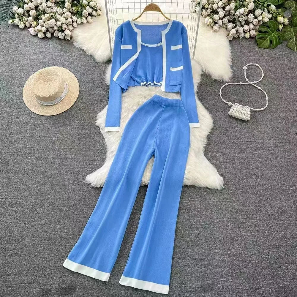 Knit Coat Vest and Wide Leg Pant Set
