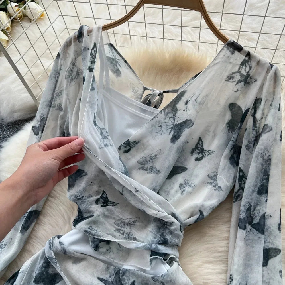 Asymmetric Print Flare Sleeve A-Line Dress