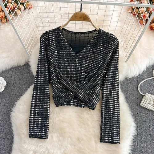 Glitter Sequin Long Sleeve Crop Top