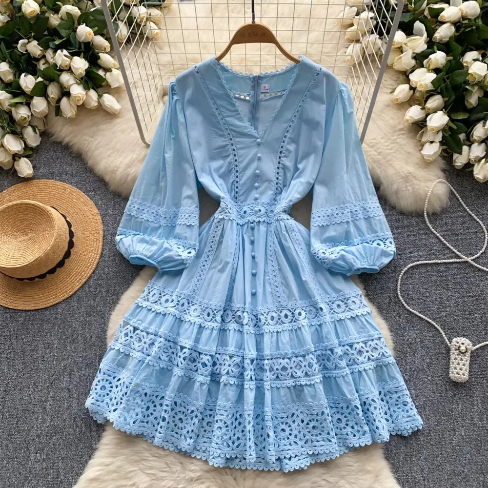 Lace V-Neck Lantern Sleeve Puff Dress