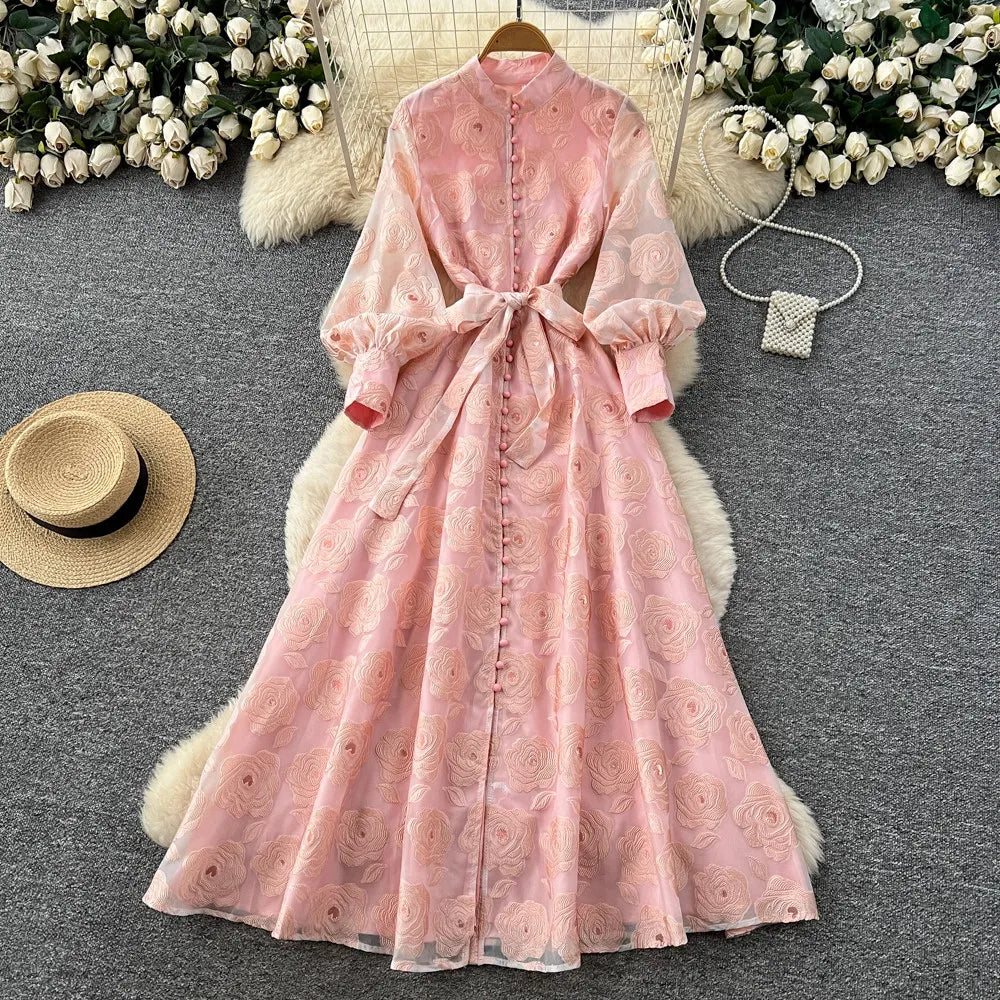 Intricate Embroidered Lantern Sleeve Maxi Dress