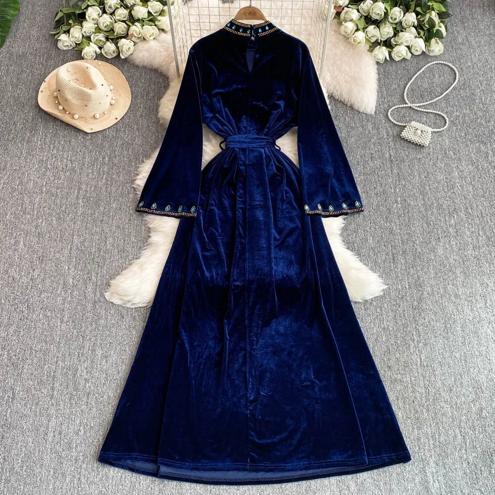 Rhinestone Stand Collar Velvet Bandage Dress