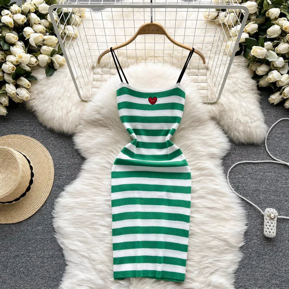 Embroidered Striped Knit Strappy Mini Dress