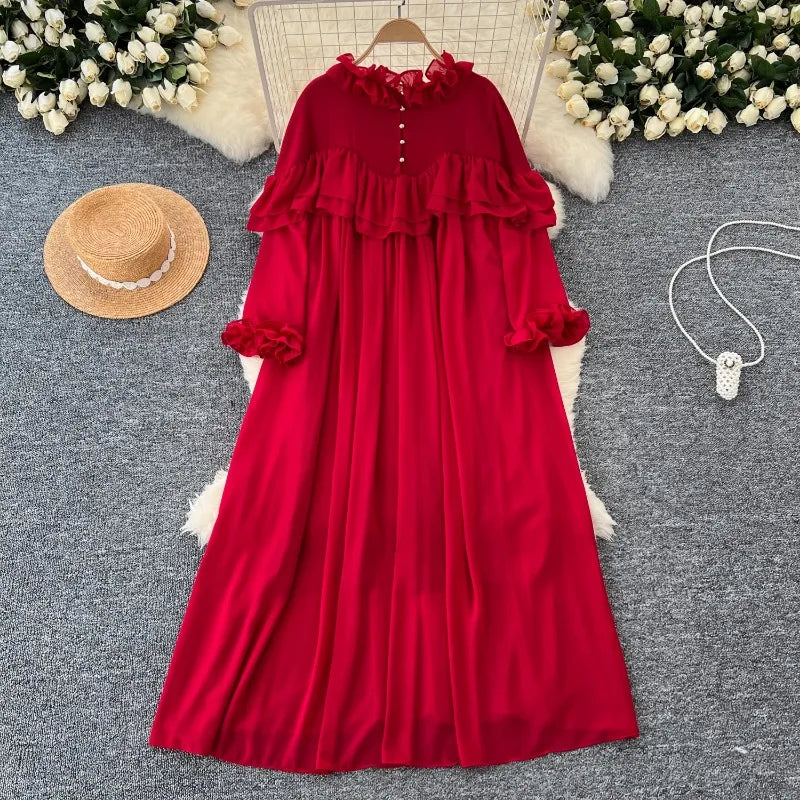 Pleated Chiffon Long Sleeve A-Line Dress