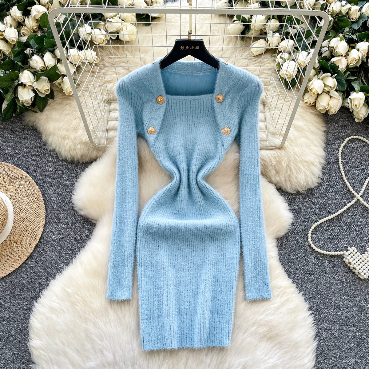 Square Neck Long Sleeve Pencil Dress