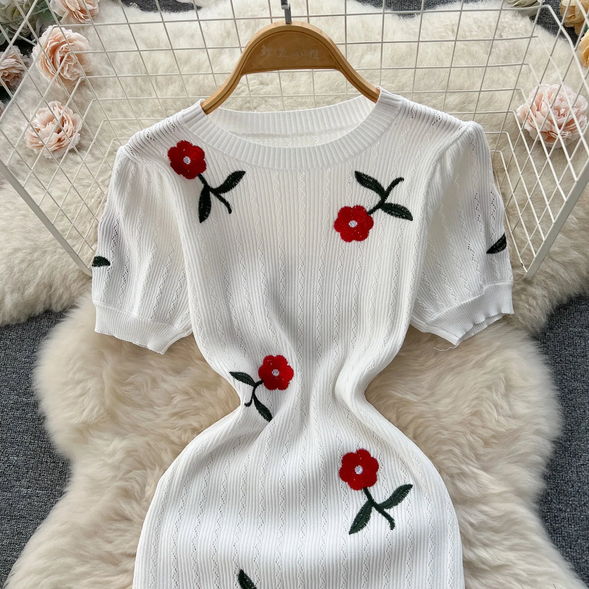 Embroidered Short Sleeve Knit Bodycon Dress
