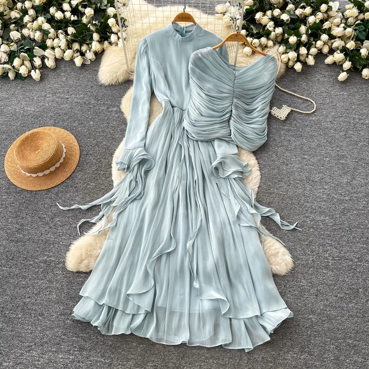 Ribbon Puff Sleeve Cape Maxi Dress