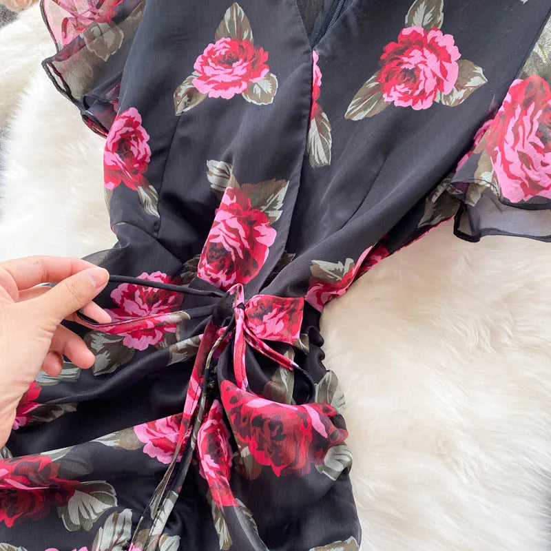 Chiffon Print V-Neck Ruffle Mermaid Dress