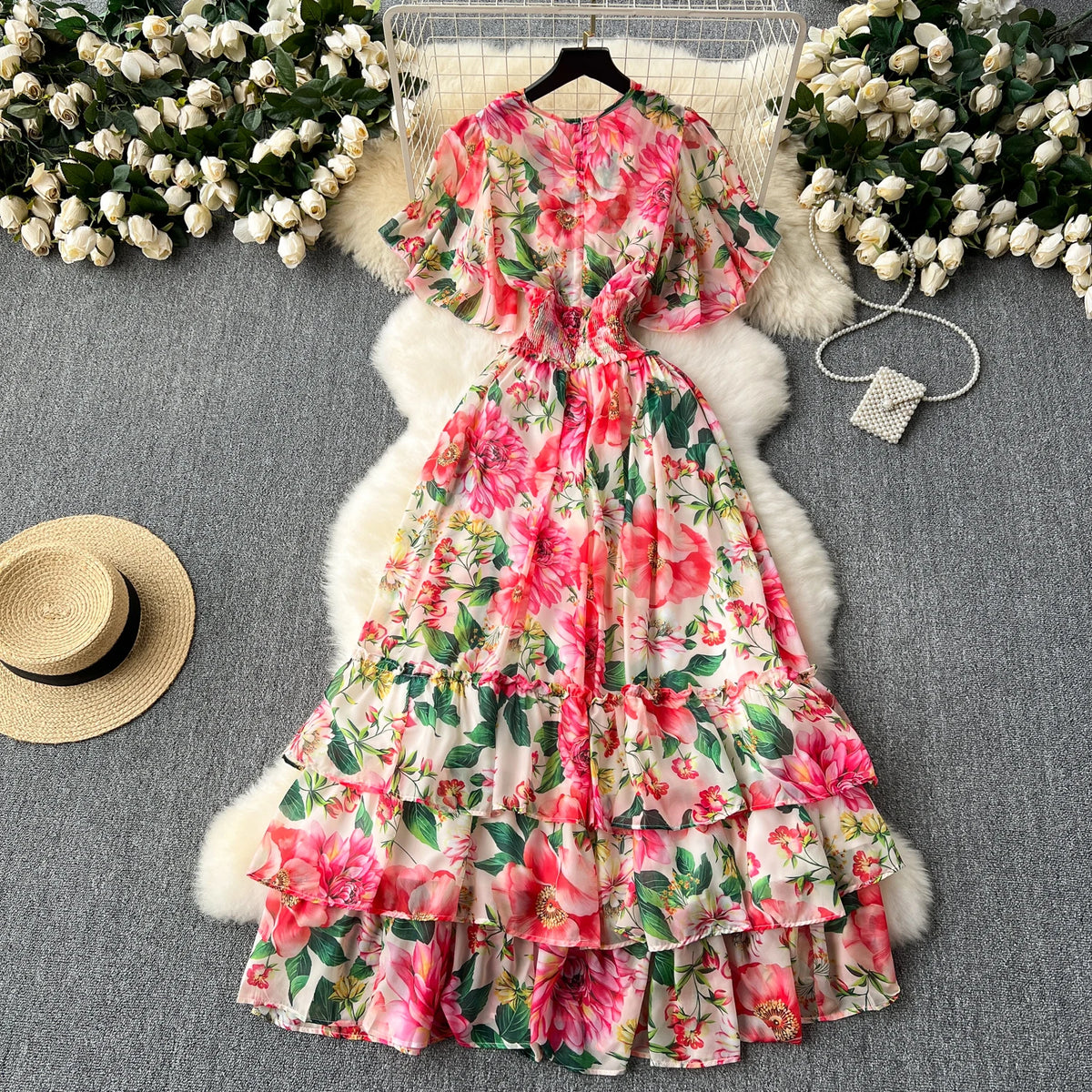Butterfly Sleeve Print A-Line Long Dress