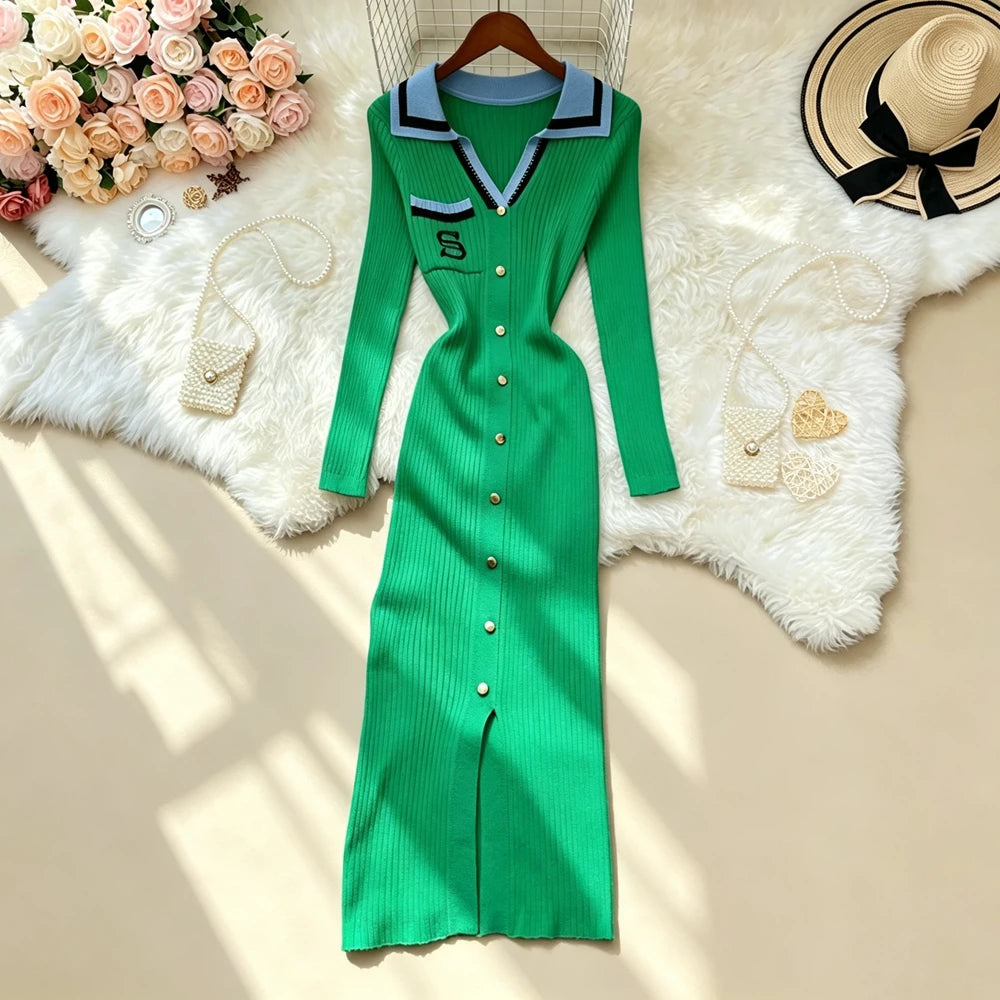 Embroidered Button Knit Bodycon Maxi Dress