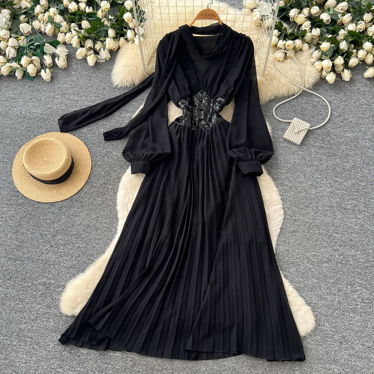 Ribbon Puff Sleeve A-Line Maxi Dress