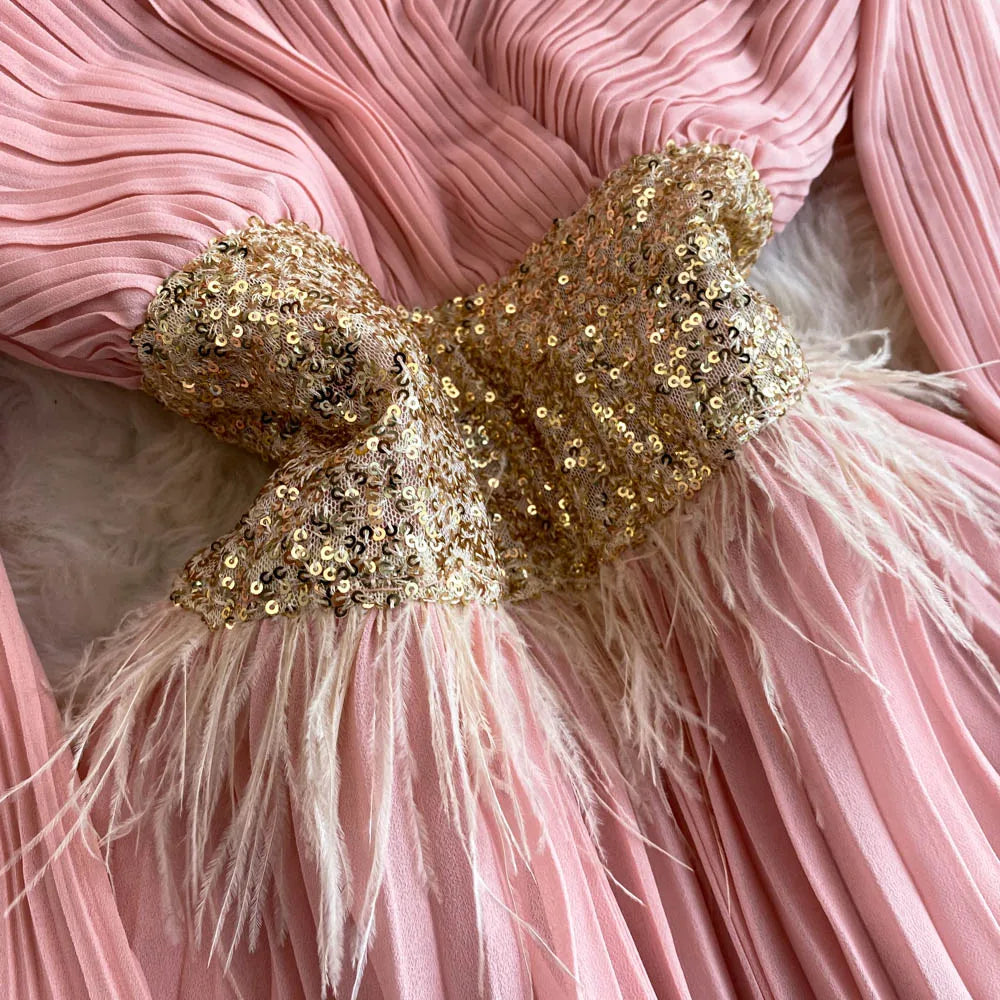 Pleated Embroidered Sequin V-Neck Dress