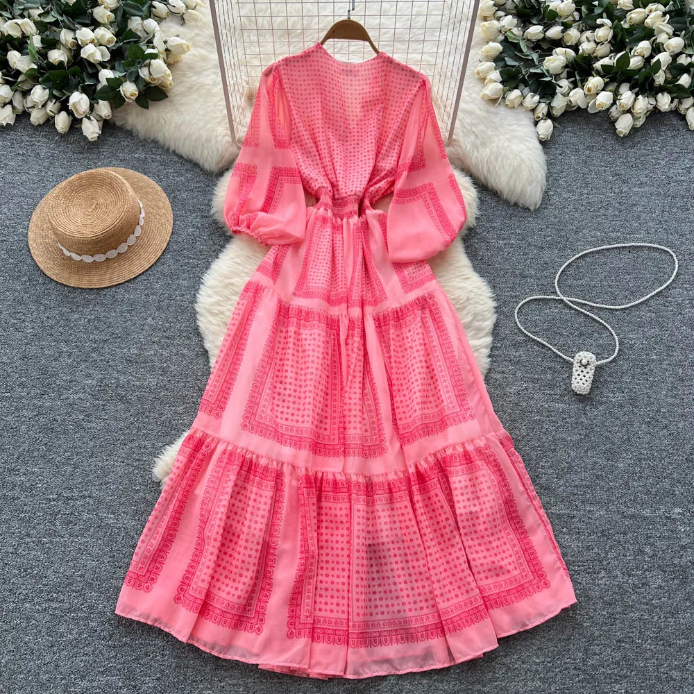 Boho Ruffle Print V-Neck Maxi Dress