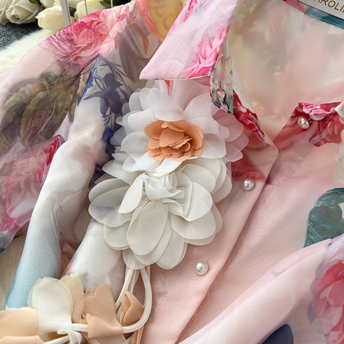 Print Puff Sleeve 3D Flower Dress
